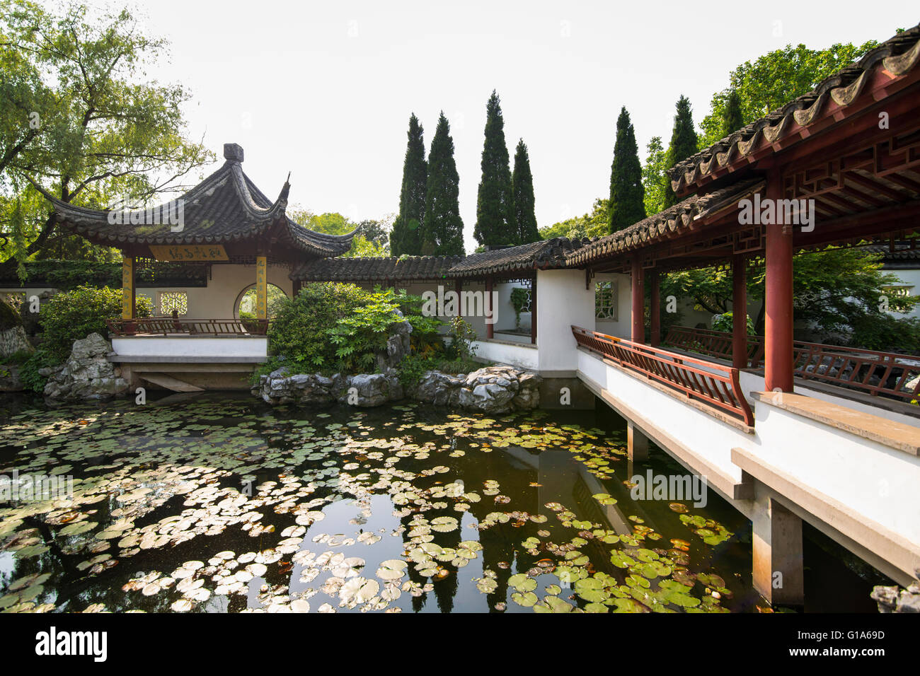 Pabellón histórico chino y un jardín con lago y plantas acuáticas en el parque de la Montaña Púrpura en Nanjing, China Foto de stock