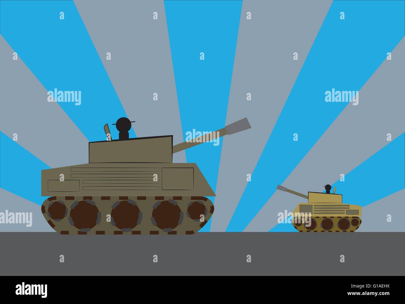 Dos tanques uno frente al otro, grandes y poderosos vs pequeños y vulnerables Ilustración del Vector