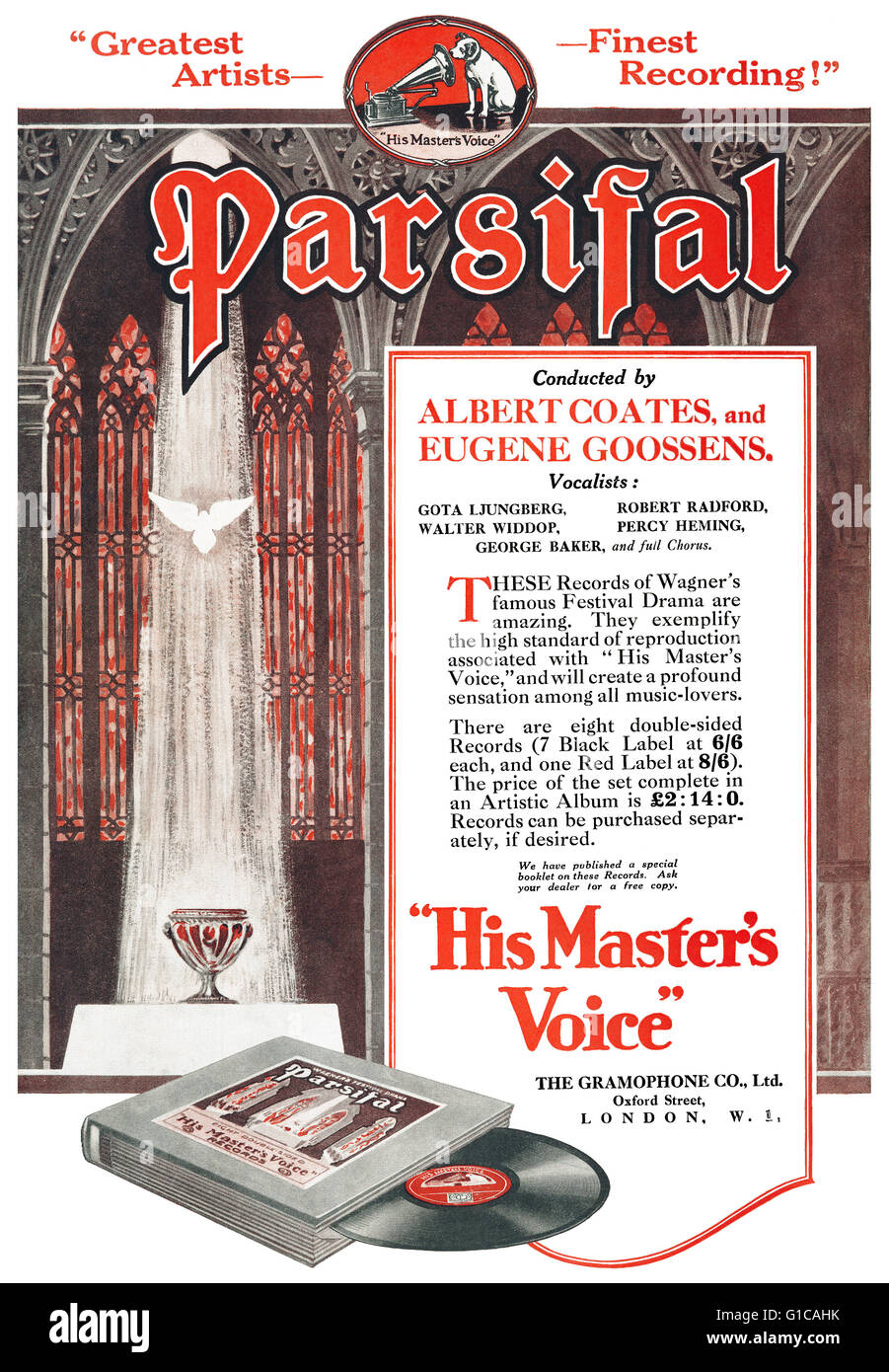 1925 UK anuncio para una grabación de Richard Wagner Parsifal en la etiqueta de la voz de su amo. Foto de stock