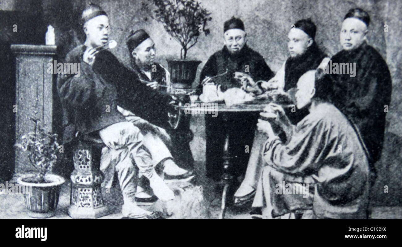 Impresión fotográfica de Chinamen comer con palillos. Fecha del siglo XIX Foto de stock