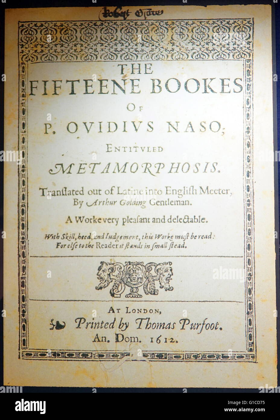 Título de la página Fifteene libros de P. Ovidius Naso; Titulado metamorfosis. Fecha Siglo xvii Foto de stock