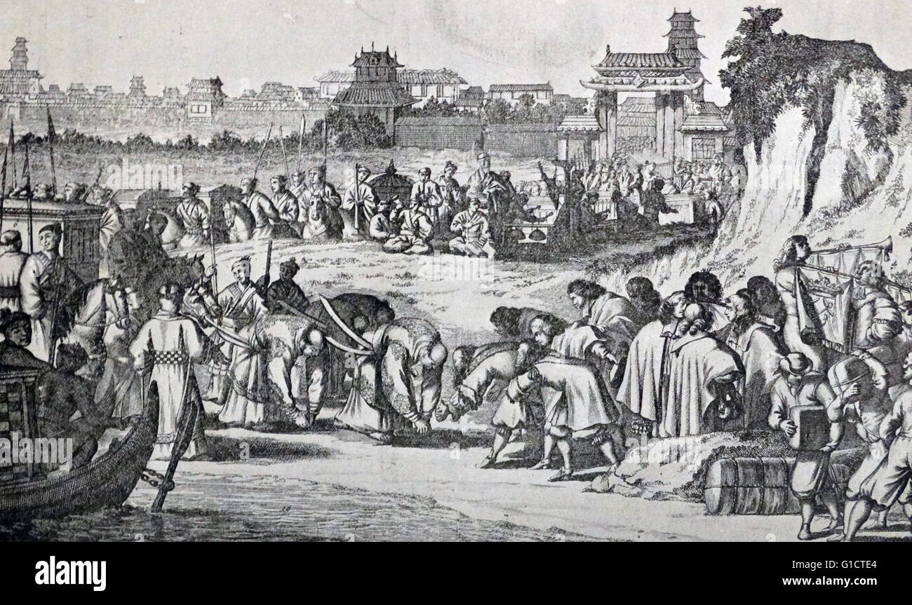 Los comerciantes holandeses tierras en Japón para establecer relaciones comerciales 1680 Foto de stock