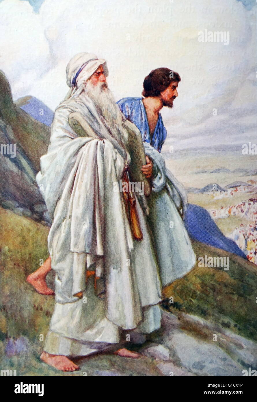 Esquema de color representando a Moisés y Josué descendente del Monte