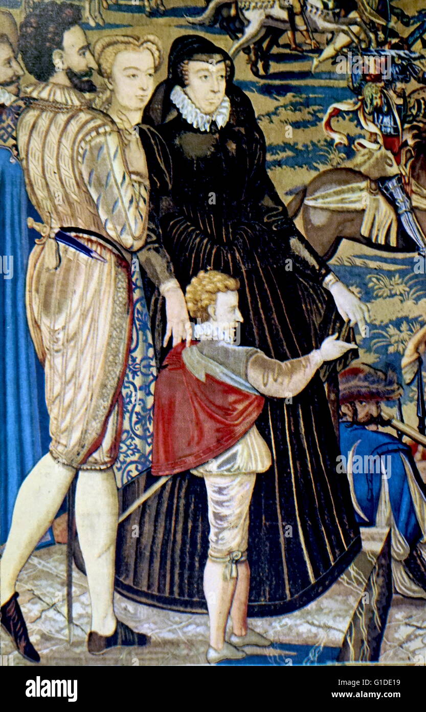Detalle de un tapiz que representa a la reina Catalina de Médicis (1519-1589) y su esposo Enrique II de Francia (1519-1559). Fecha del siglo XVI. Foto de stock