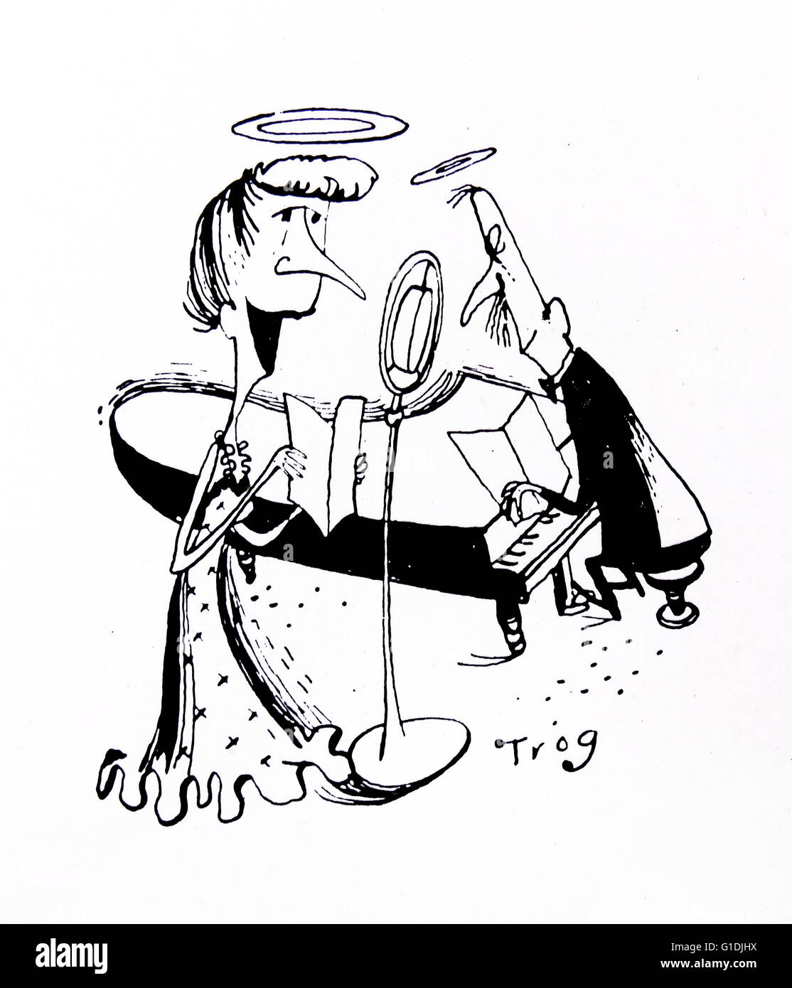 Caricatura de una mujer cantando a un pianista acompañante; por Walter Ernest 'Wally' Fawkes (nacido en 1924). British-Canadian clarinetista de jazz y un dibujante satírico. Como dibujante, ha trabajado generalmente bajo el nombre de "Trog' . Foto de stock