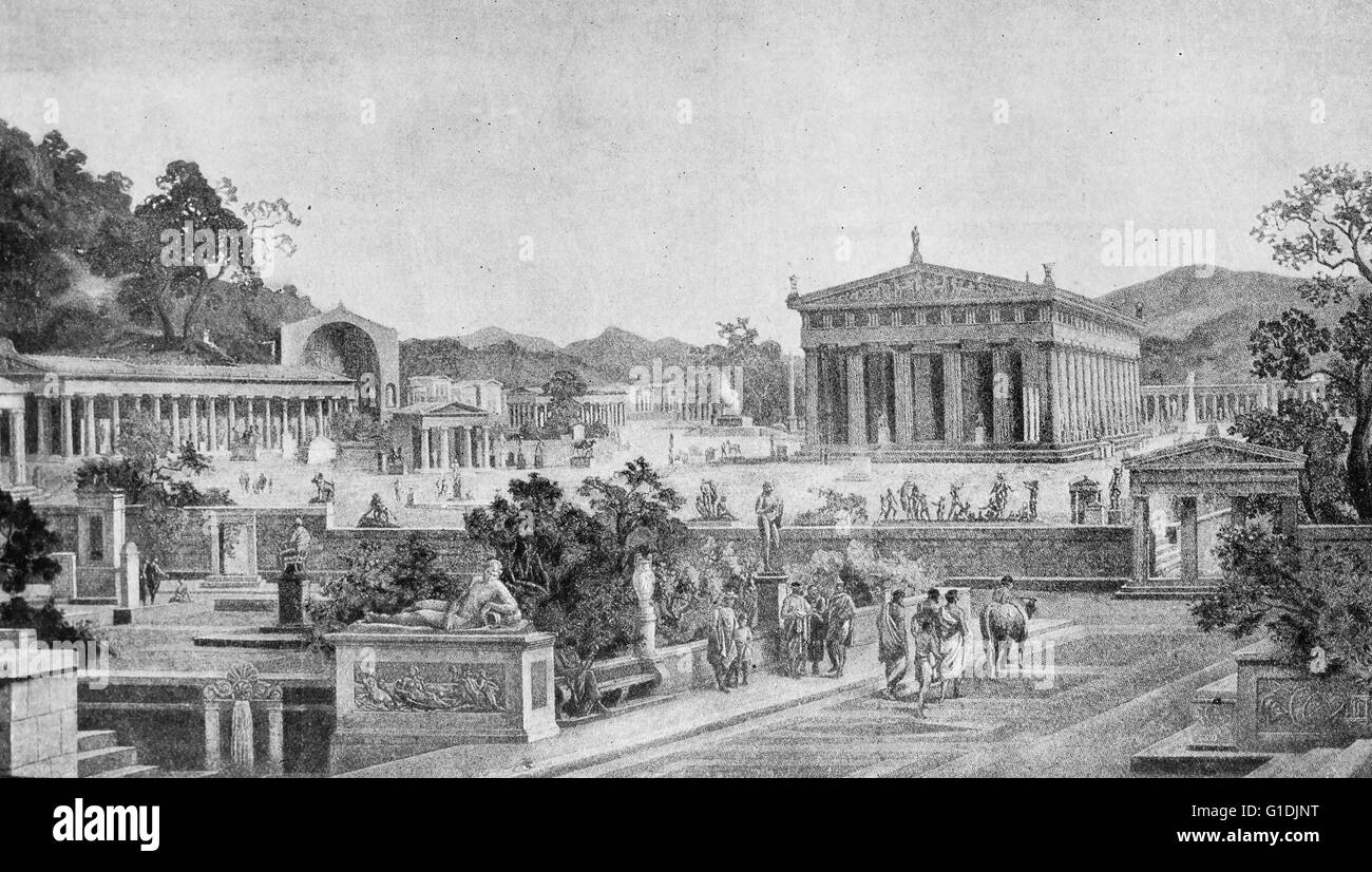 Ilustración mostrando el recinto sagrado en Olimpia, un santuario de la antigua Grecia en el Elis en la península de Peloponeso, es conocido por haber sido el sitio de los Juegos Olímpicos en la época clásica Foto de stock