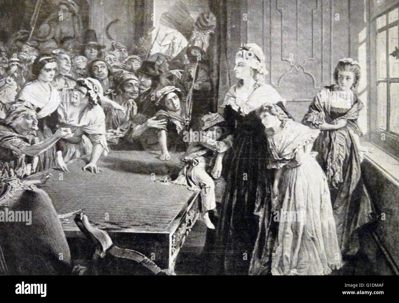 Imprimir mostrando Marie Antoinette (1755-1793), reina consorte de Francia y Navarra y esposa del Rey Luis XVI, asediado por una turba en las Tullerías. Fecha del siglo XVIII Foto de stock