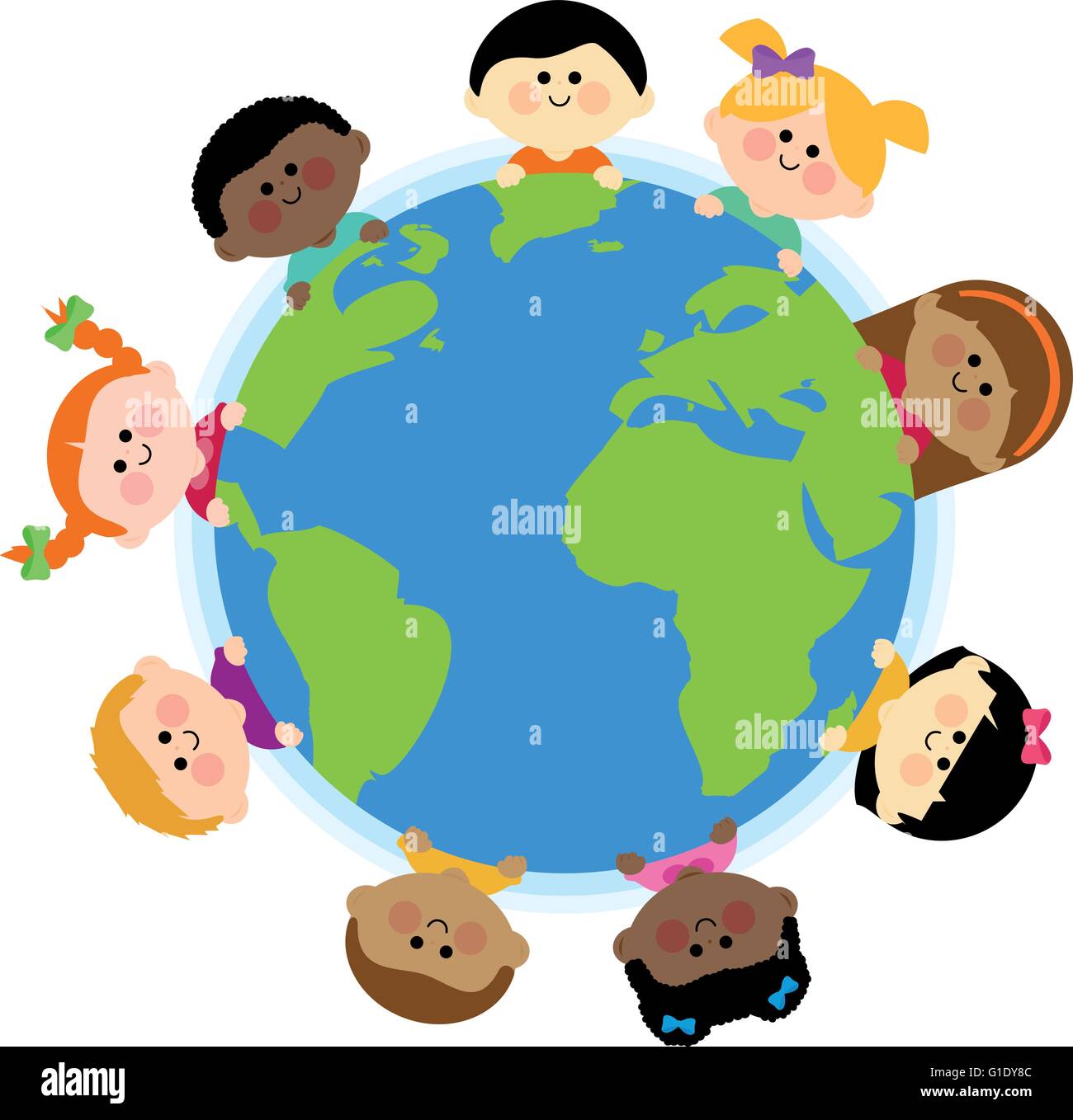 Grupo multiétnico de niños alrededor de la tierra. Ilustración del Vector