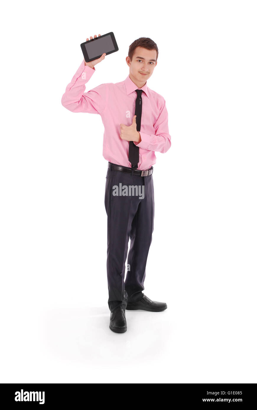 Niño en un traje negro mantenga un tablet PC aislado en blanco Fotografía  de stock - Alamy