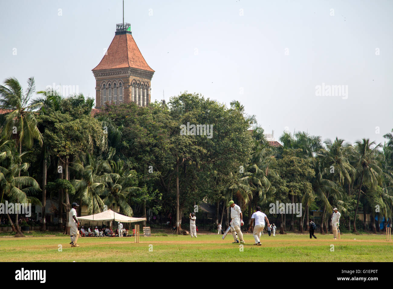 MUMBAI, India - Octubre 10, 2015: la gente jugar cricket en el parque central en Mumbai, India. El críquet es el deporte más popular Foto de stock