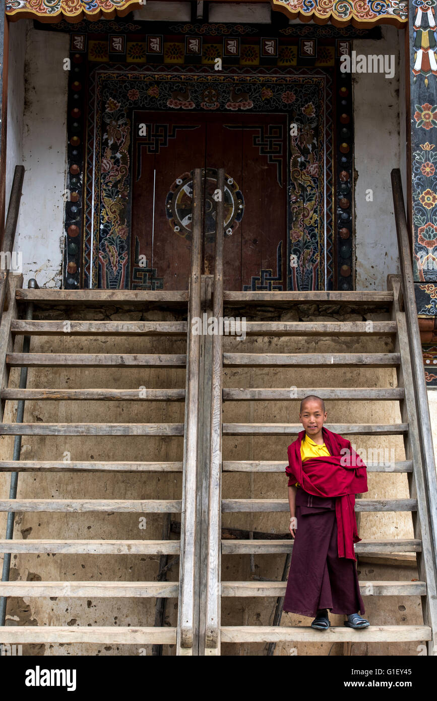Joven monje budista en el monasterio Gangtey Bhután Foto de stock