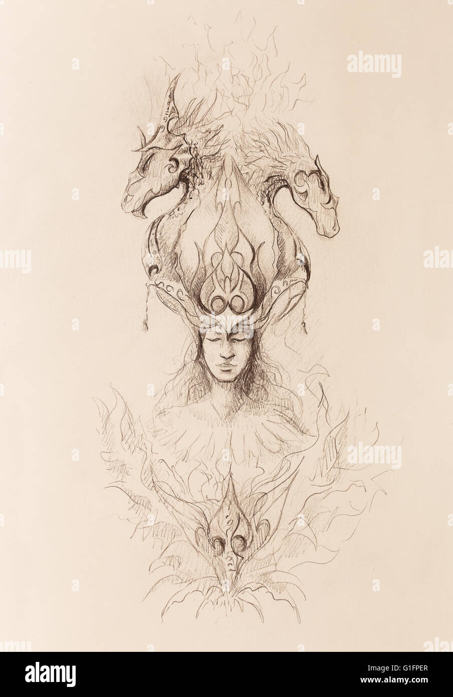 Hombre en Fuego místico y dragones ornamentales, dibujo a lápiz sobre papel  Fotografía de stock - Alamy