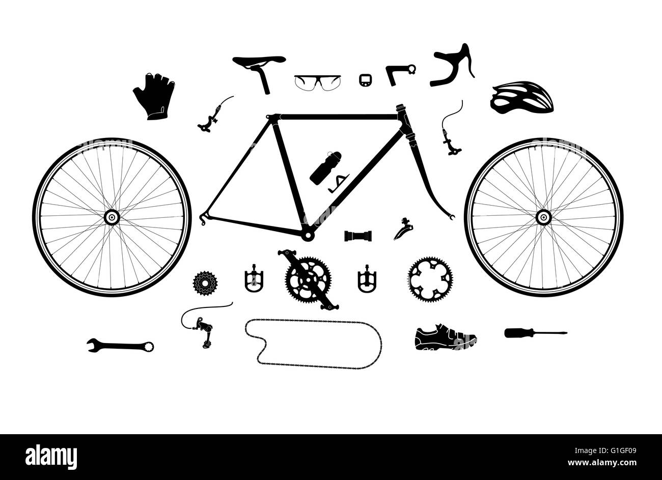 Partes y accesorios de bicicletas de carretera silueta, elementos para  infografía, etc Imagen Vector de stock - Alamy