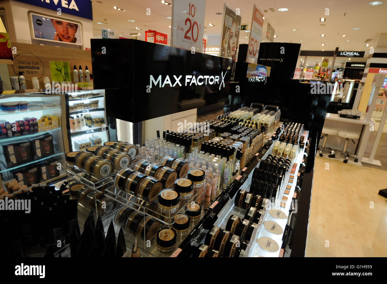 Max Factor X,department store, el Corte Ingles, Málaga Foto de stock
