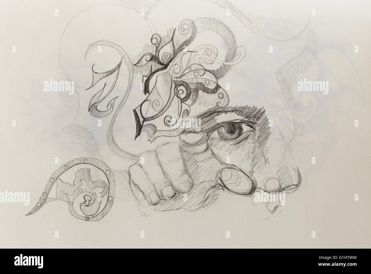 Hombre de ojos, nariz y mano collage, dibujo a lápiz sobre papel Fotografía  de stock - Alamy