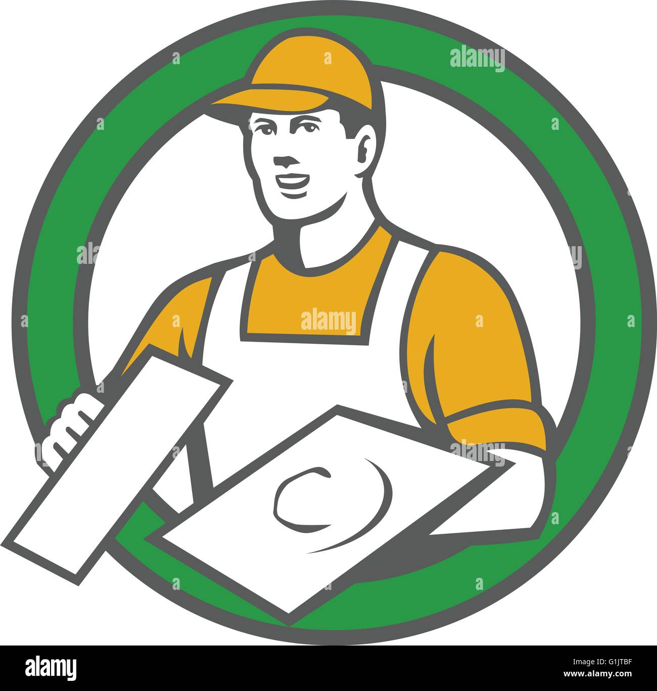 Ilustración de un albañil albañilería comerciante, trabajador de la  construcción vistiendo hat celebración paleta establecer dentro del círculo  de este estilo retro en aisladas de fondo Imagen Vector de stock - Alamy