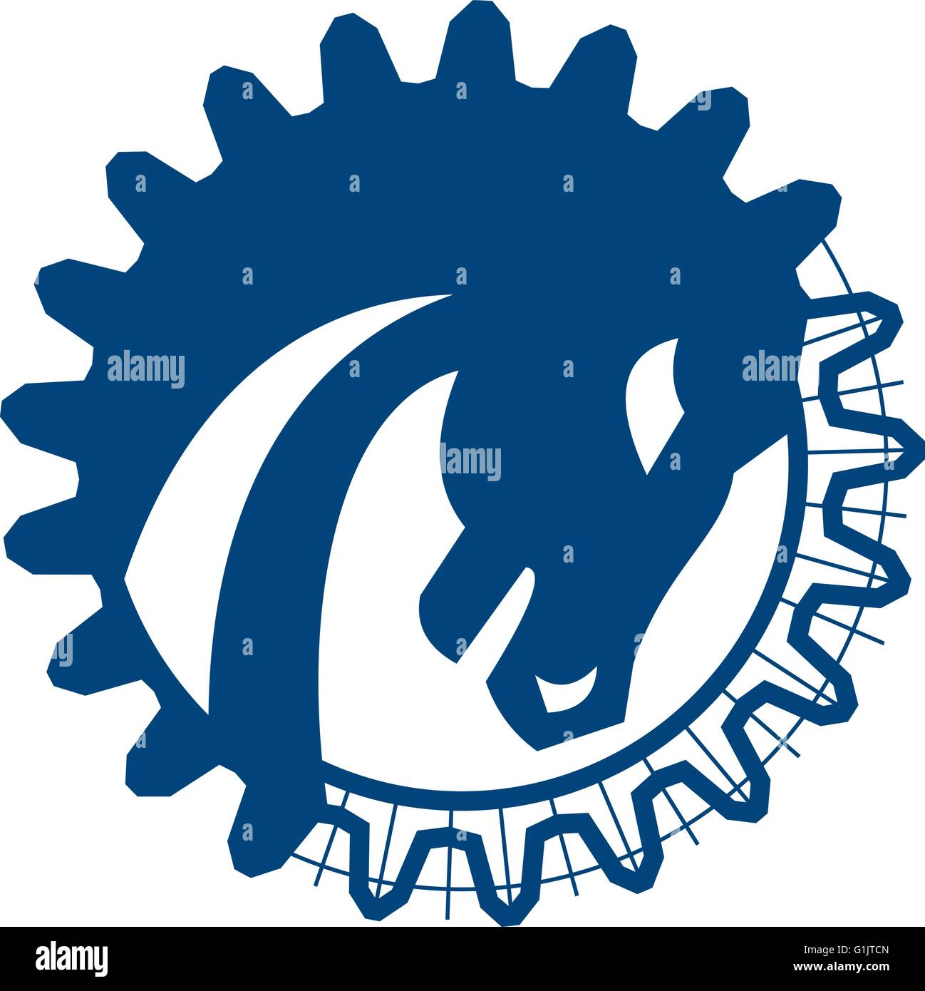 Ilustración de un rojo vista lateral de la cabeza del caballo de guerra establecido dentro del círculo y dientes de engranaje forma hecho en dibujo de la línea blue print en aislar Ilustración del Vector