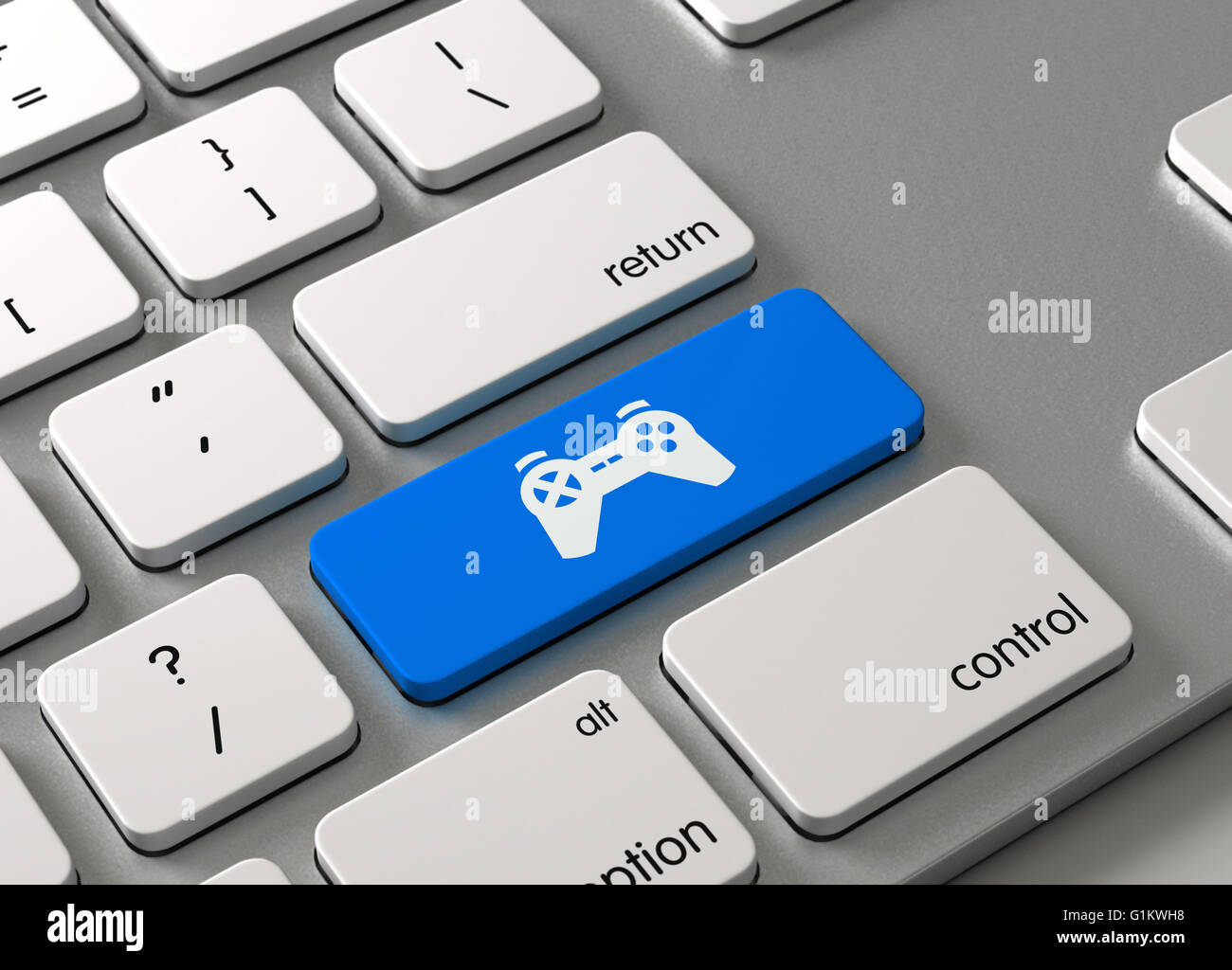 Un teclado con un botón azul Joystick Foto de stock