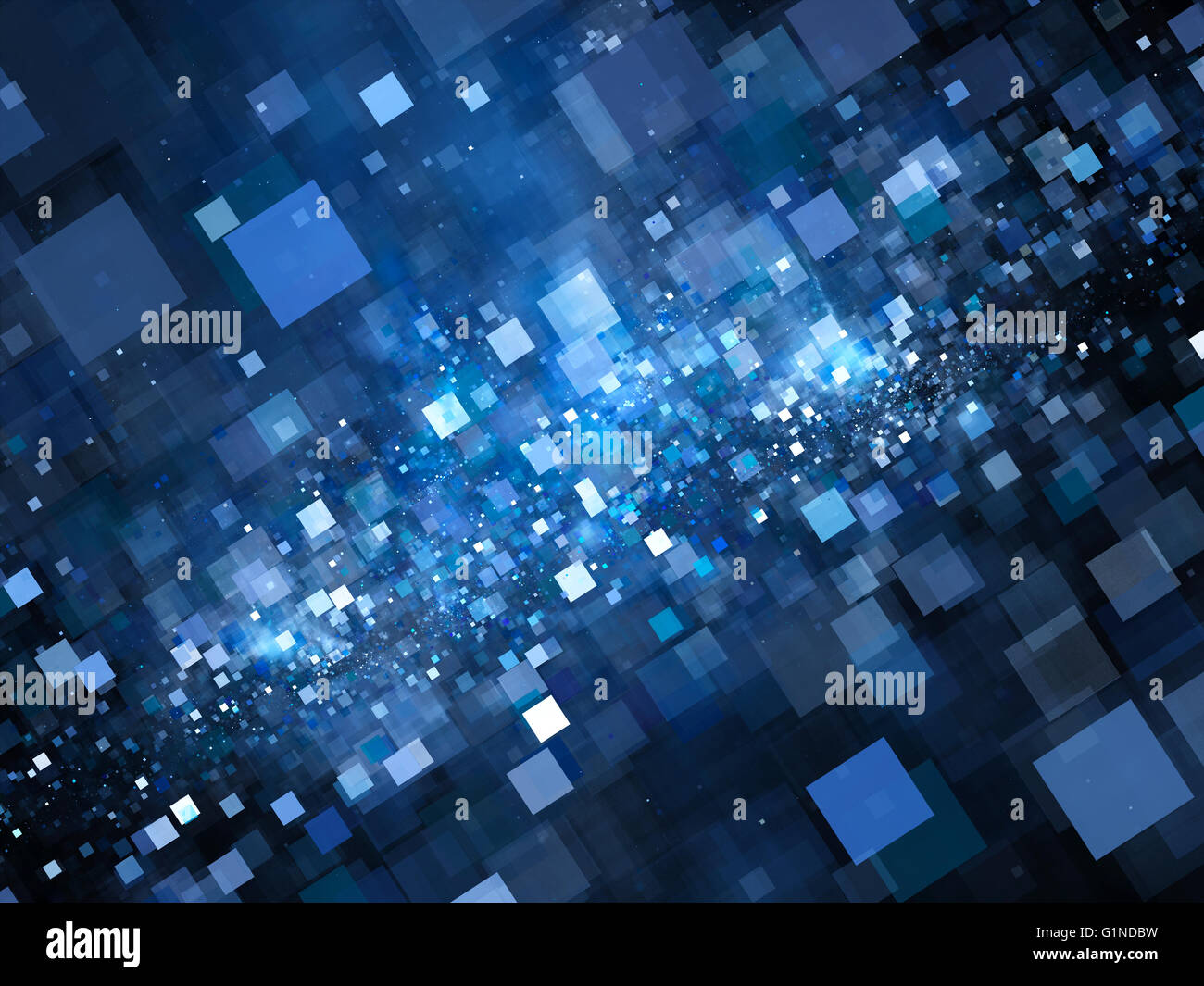 Los cuadrados azules brillantes volando en el espacio, gran cantidad de datos, resumen antecedentes generados por ordenador Foto de stock