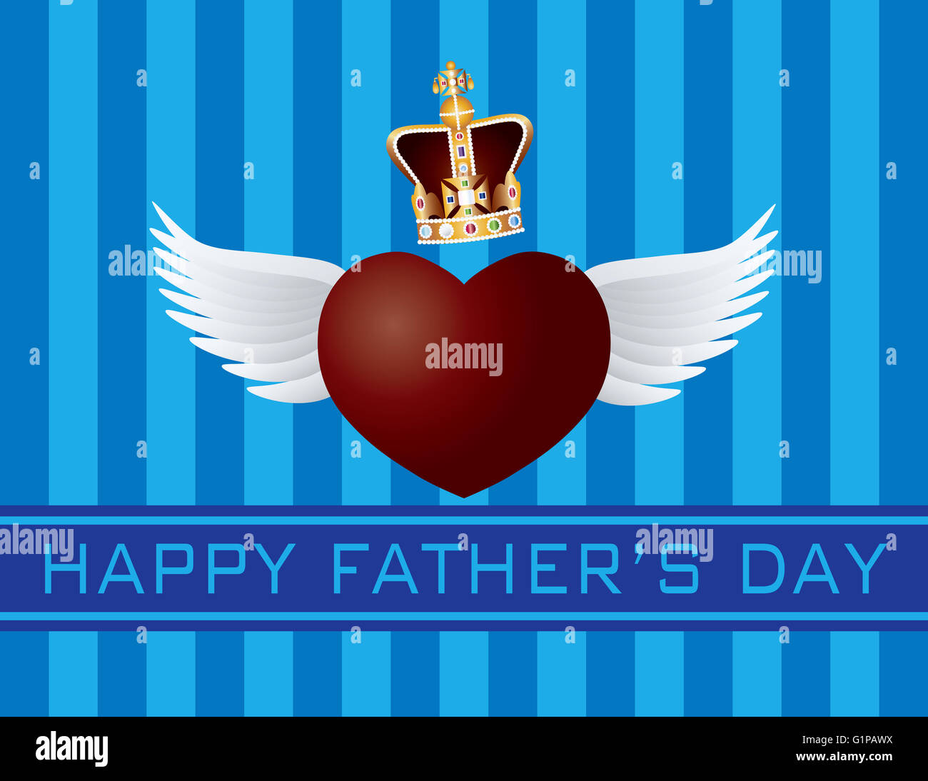 Feliz Día del Padre texto volando Corazón con alas y Corona sobre el patrón de rayas azules ilustración de fondo Foto de stock