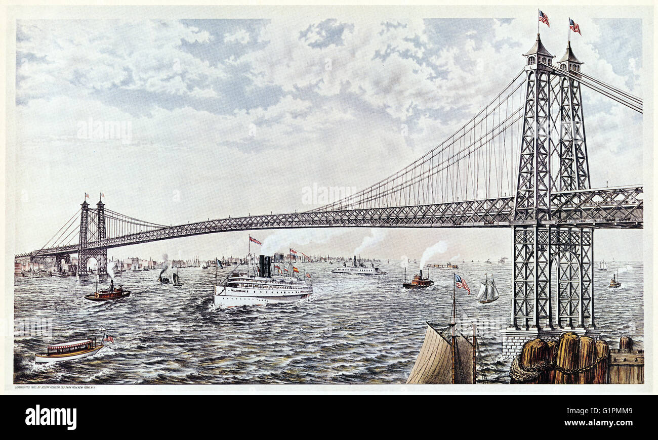 Puente Williamsburg, 1903. Nueva York y el Williamsburg Bridge. Litografía, 1903. Foto de stock