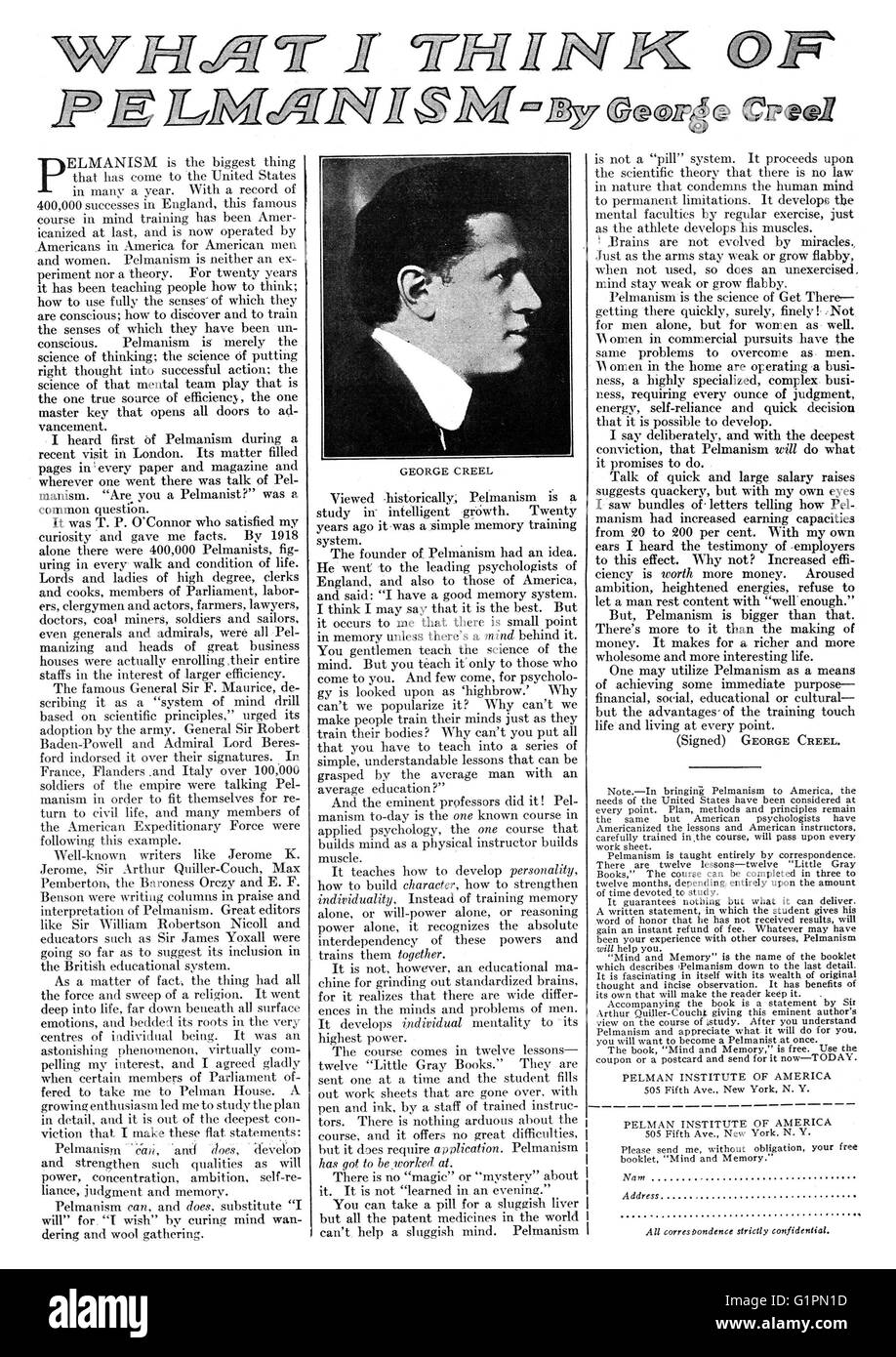 AD: PELMANISM, 1925. Anuncio de Pelmanism americana, un programa de entrenamiento mental, con el aval del periodista George Creel, 1925. Foto de stock