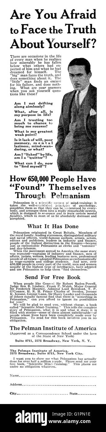 AD: PELMANISM, 1925. Anuncio de Pelmanism americana, un programa de entrenamiento mental, 1925. Foto de stock