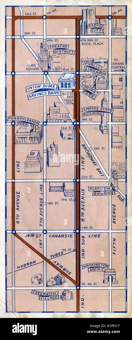 Mapa del Metro de Nueva York, 1940. Detalle de un mapa del metro de la ciudad de Nueva York, publicado por la Unión Dime Savings Bank, 1940. Foto de stock