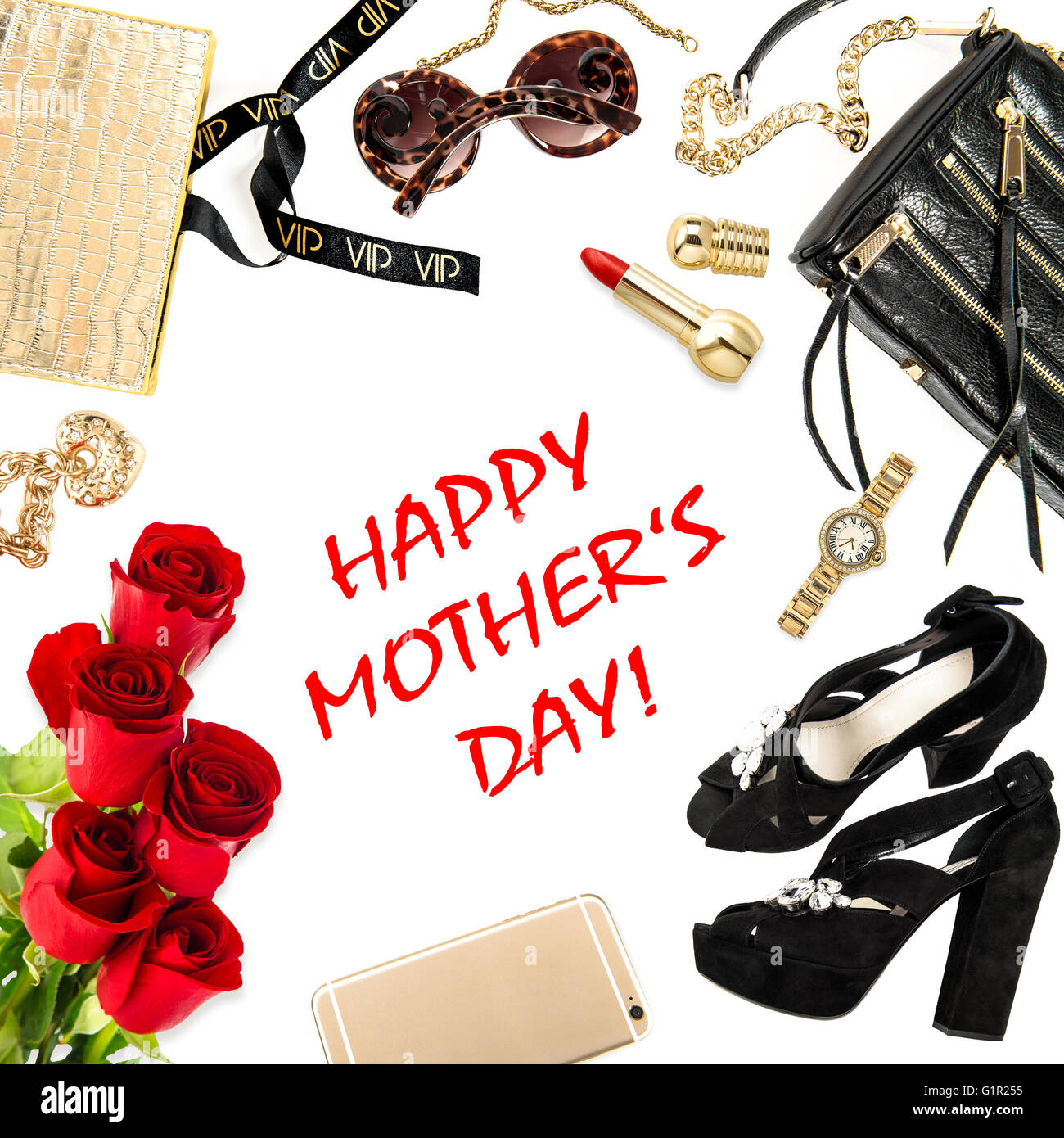 Dama accesorios de moda, cosméticos, zapatos, teléfonos móviles, joyas y  flores rosas. Feliz día de la Madre! Concepto de vacaciones Fotografía de  stock - Alamy