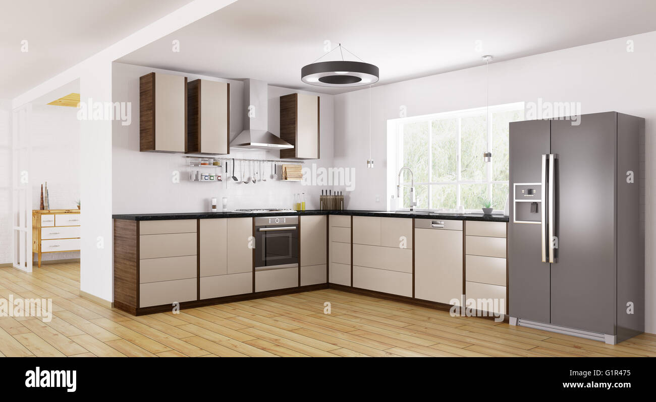 Interior de la moderna cocina, nevera, lavavajillas, horno 3D rendering Foto de stock