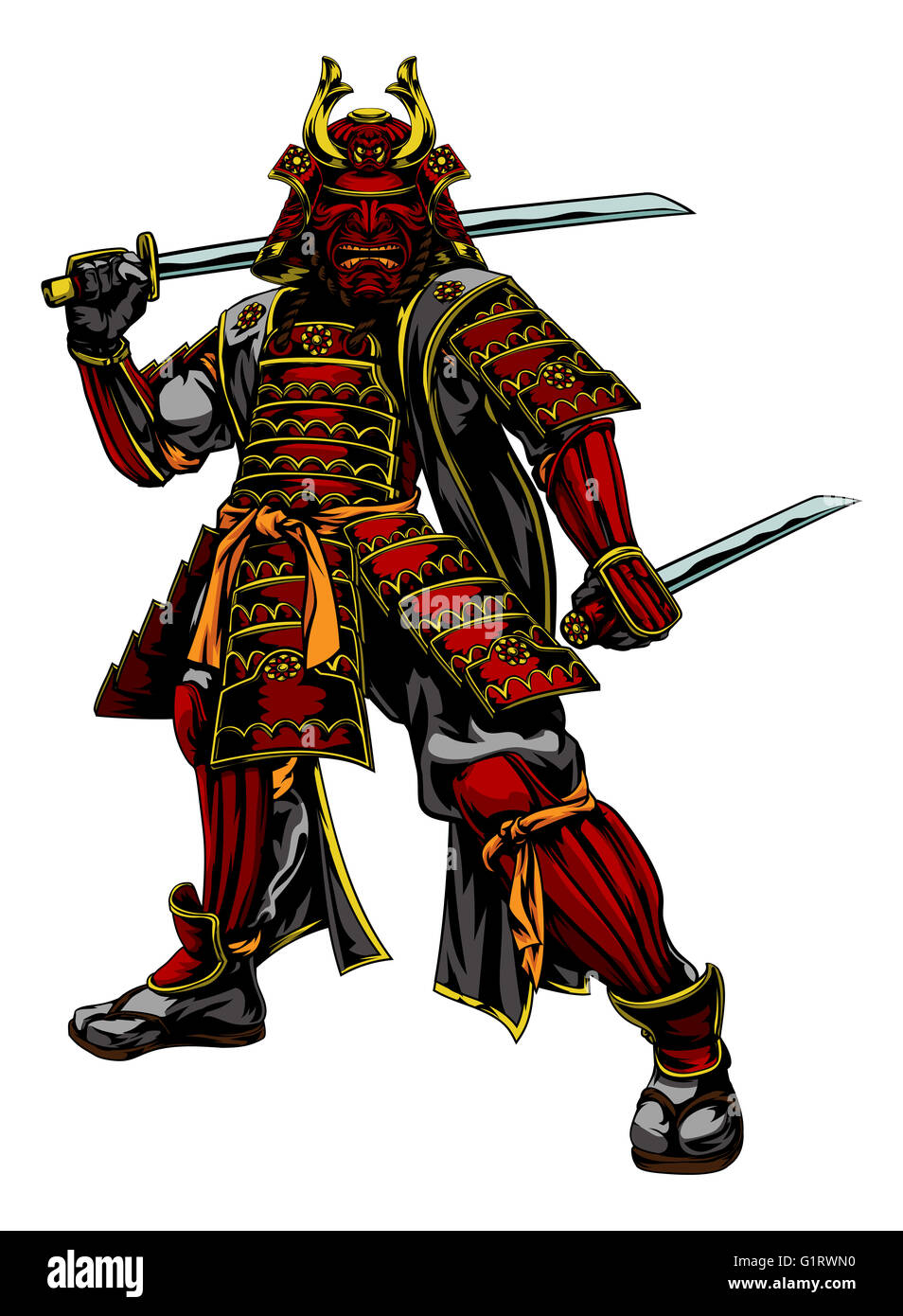 Una ilustración de un guerrero samurai japonés de pie y la celebración de  dos espadas Fotografía de stock - Alamy