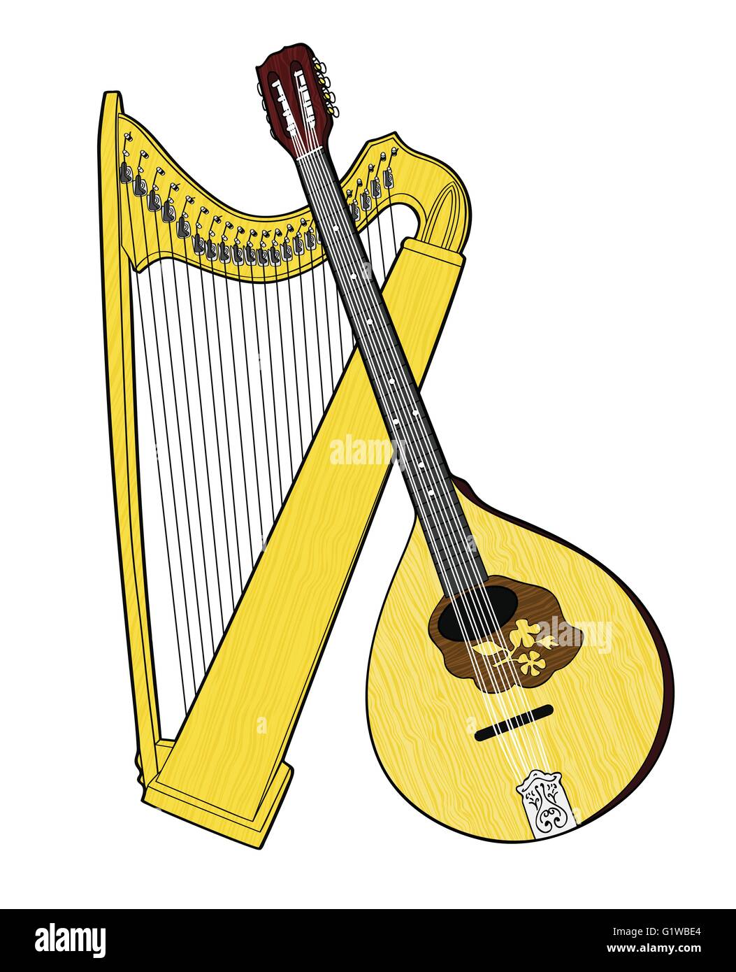Acorazado Acercarse espada Instrumentos musicales nacionales irlandeses. Arpa celta y Bouzouki Imagen  Vector de stock - Alamy