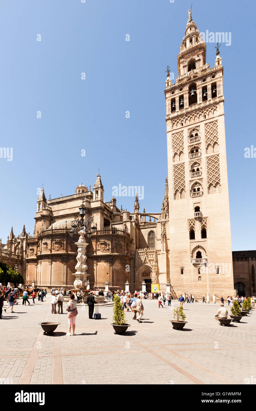 La Giralda, la torre campanario de la Catedral de Sevilla en la Plaza del Triunfo, Sevilla, España Foto de stock