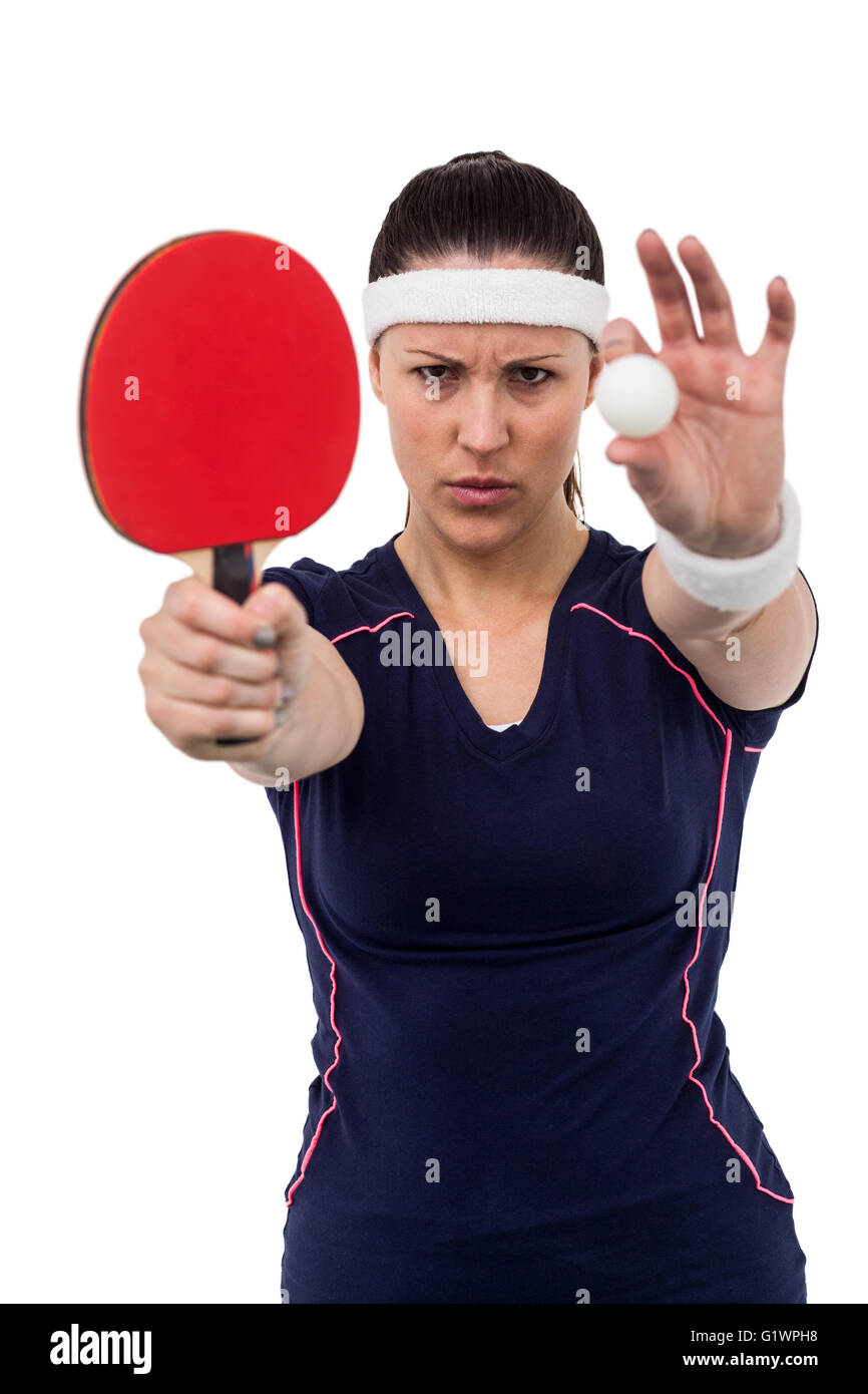 Celebración de la atleta femenina pala de tenis de mesa y bola Foto de stock