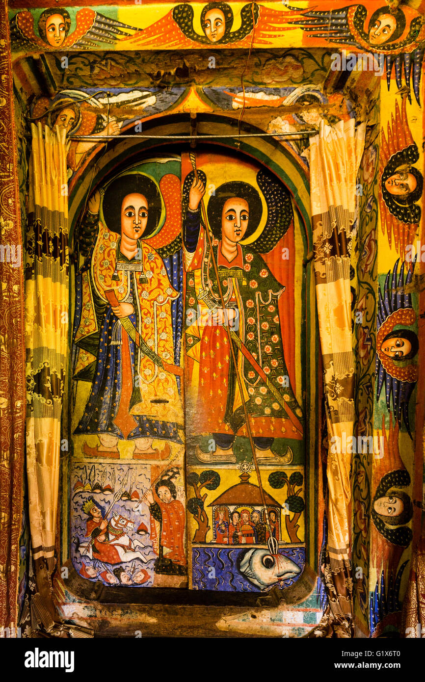Pinturas de pared, ortodoxa etíope Azewa Mariam Monasterio, el lago Tana, Bahir Dar, Etiopía Foto de stock