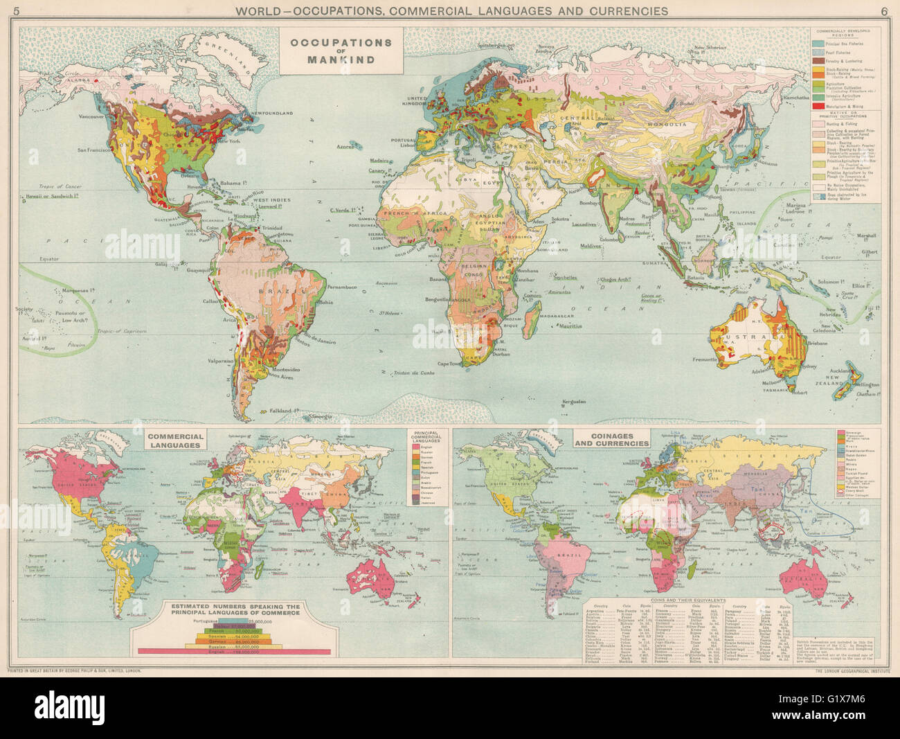 Mundo. Ocupaciones comerciales, idiomas y zonas monetarias, 1925 vintage mapa Foto de stock