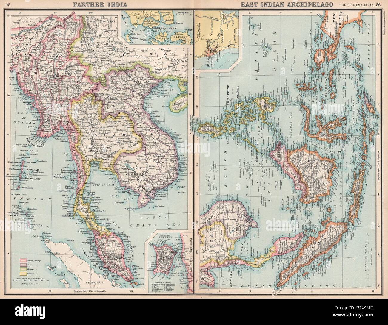 La Indochina francesa y holandesa de las Indias Orientales Siam Birmania Penang Manila Singapur 1912 mapa Foto de stock