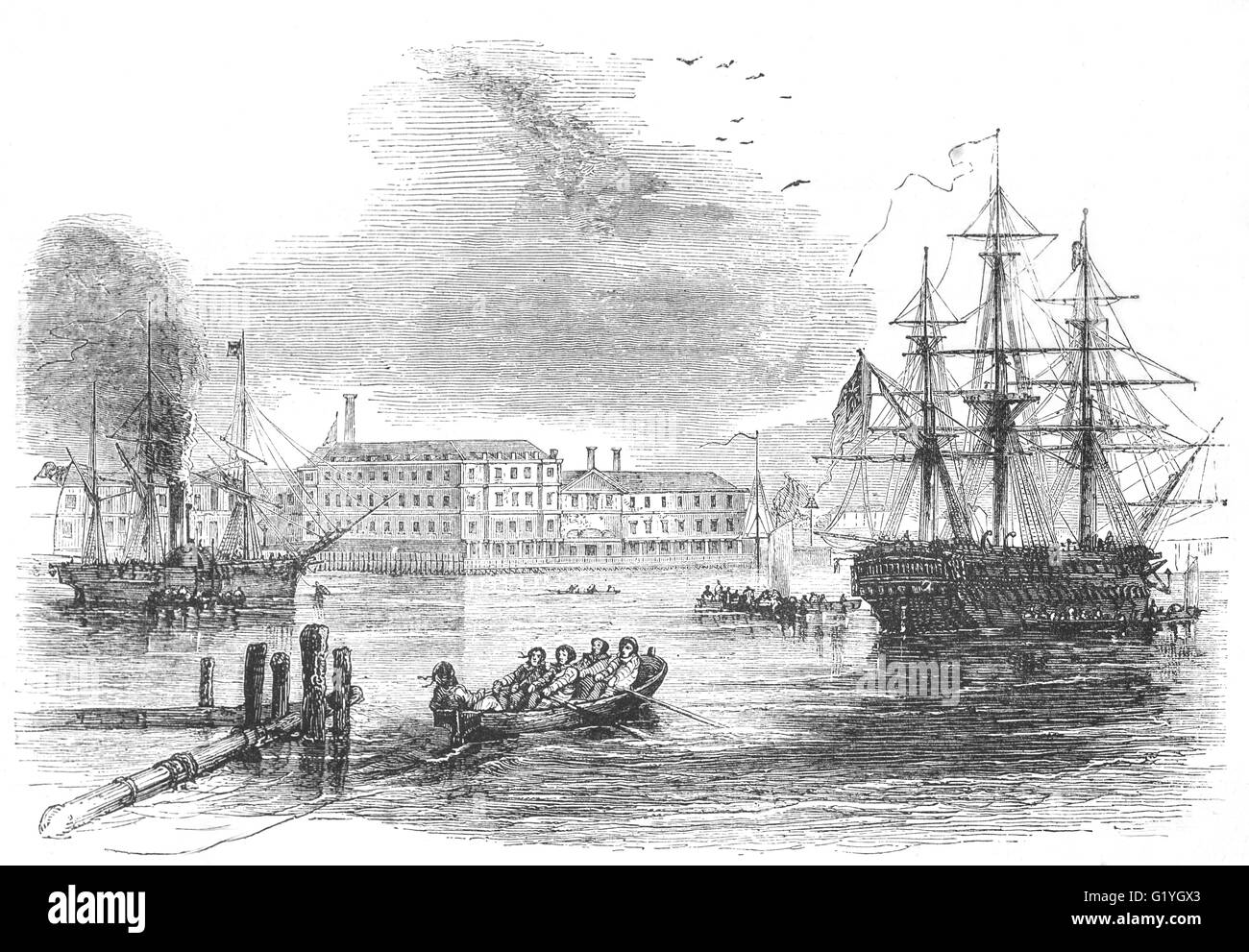 Siglo xix vista del puerto Naval de Portsmouth, Hampshire, Inglaterra Foto de stock