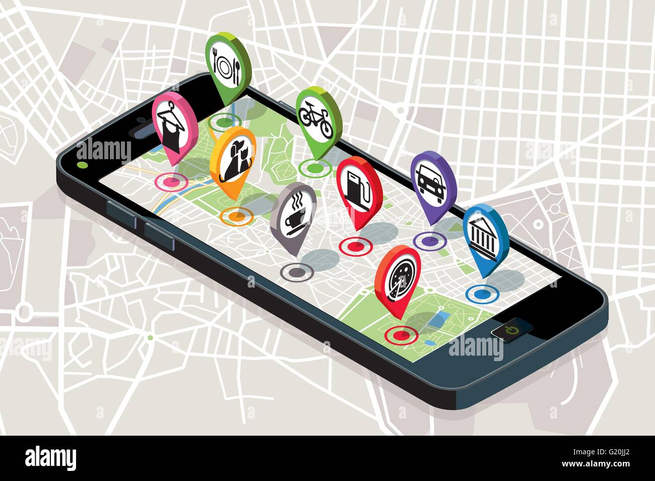 Mapa de la ciudad con servicios GPS iconos. Smartphone. En pantalla un mapa de vectores de la ciudad, donde aparecen los pasadores con la ubicación. Ilustración del Vector