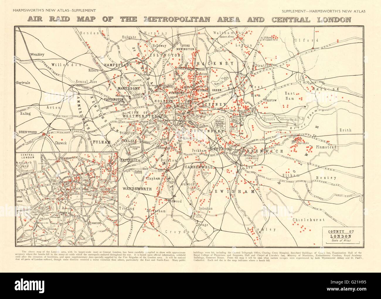 Primera Guerra Mundial "Air Raid mapa del área metropolitana y el centro de Londres' 1920 Foto de stock