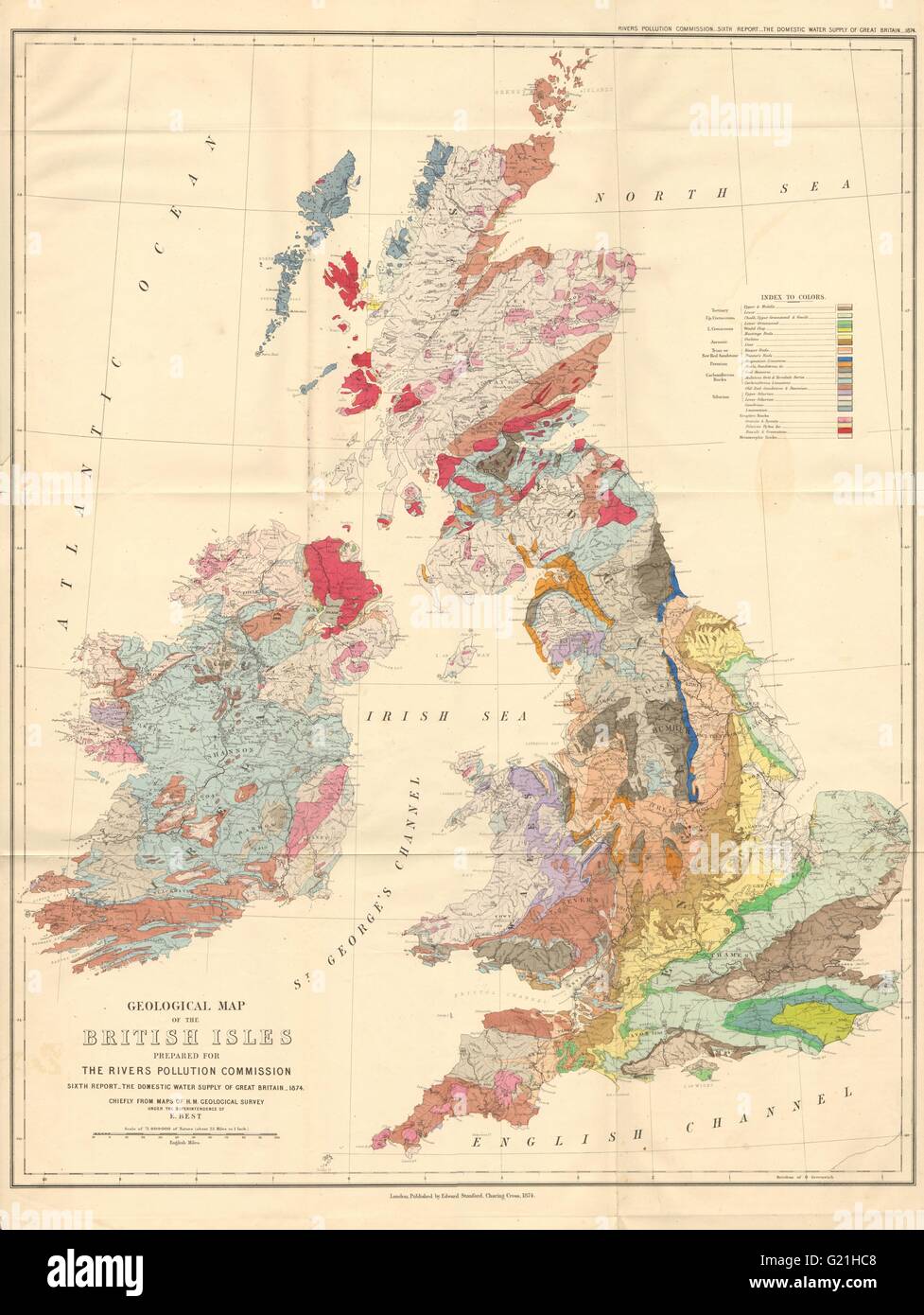 Mapa geológico de las Islas Británicas por Edward Best/Stanford, 1874 Foto de stock