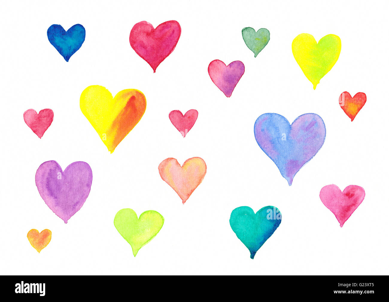 Flying coloridos corazones pintura acuarela Foto de stock