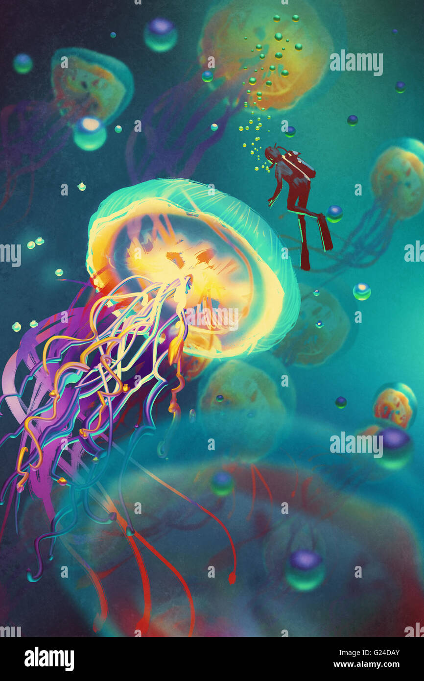 Grandes medusas y buzo en fantasía, ilustración subacuático Foto de stock