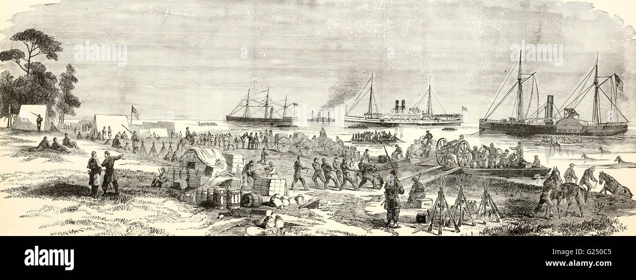 El anticipo a Charleston, Carolina del Sur - movimiento pionero - el desembarco de los cien voluntarios de Nueva York al cole's Island, 28 de marzo de 1863 guerra civil EE.UU. Foto de stock