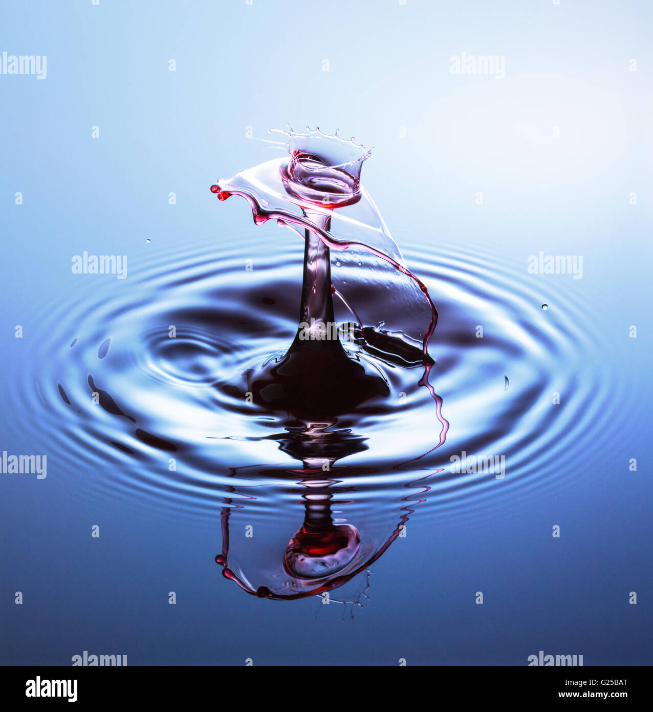Fotografía de la gota de agua, una o dos gotas de agua cayeron al agua desde altura y capturado como golpean el agua o chocan w Foto de stock