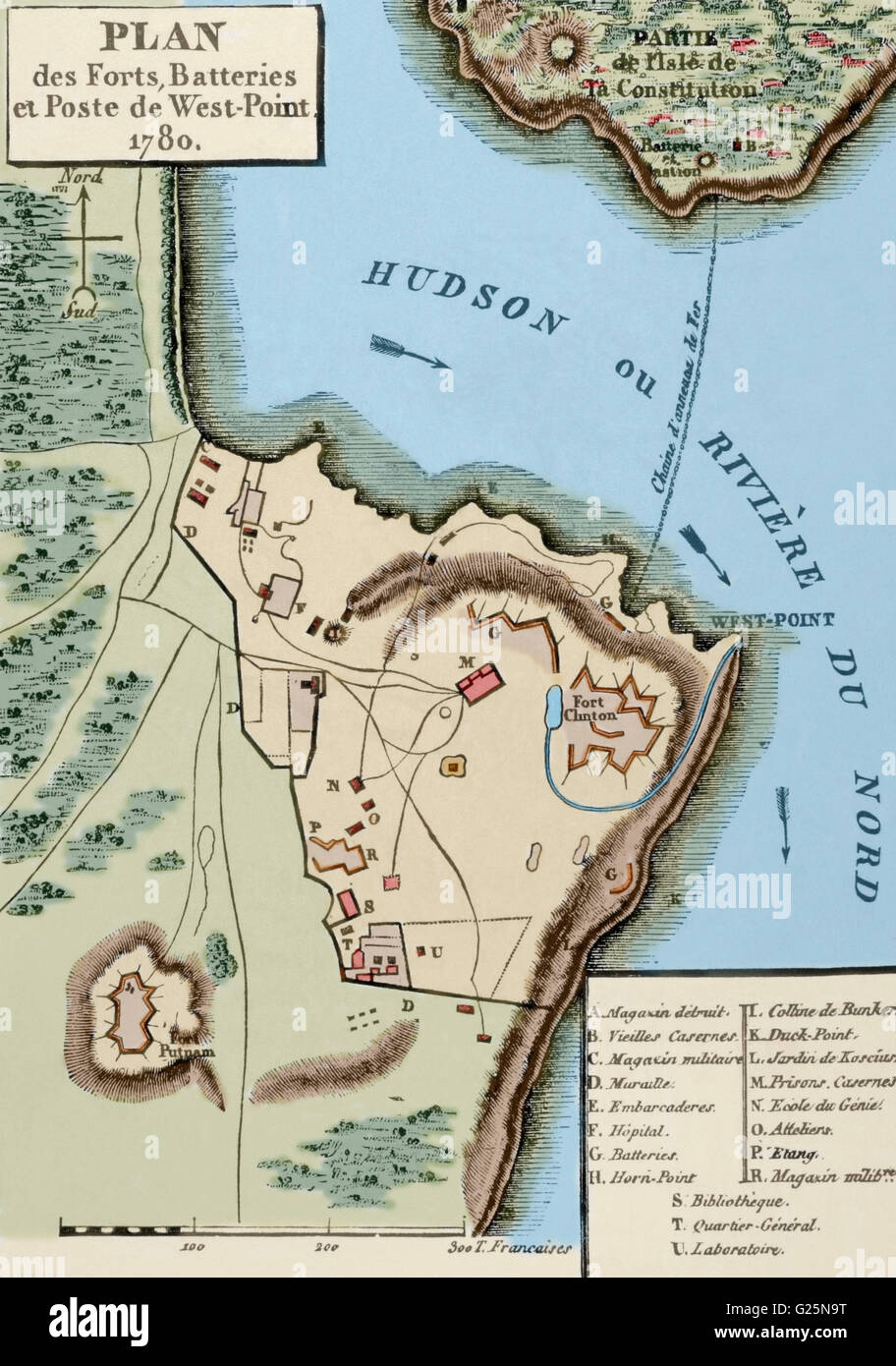 La guerra revolucionaria americana (1775-1783). Mapa de la red de defensa en West Point, incluyendo la Gran Cadena, Constitución Island, Fort Clinton, y Fort Putnam, 1780. Grabado. Coloreada. Foto de stock