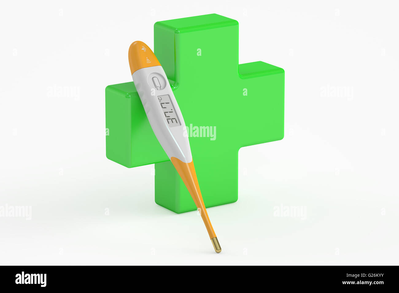 Concepto de cuidado médico, farmacia cruz y termómetro. 3D rendering  aislado sobre fondo blanco Fotografía de stock - Alamy