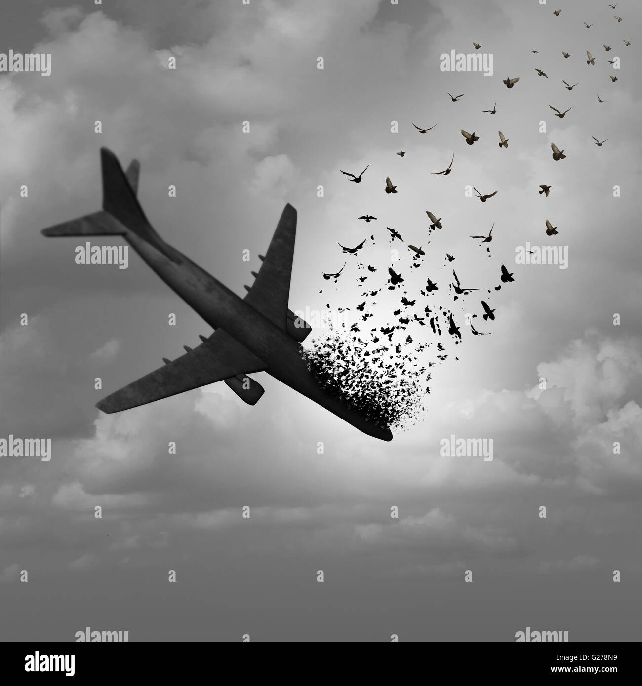 Desaparición de avión y falta concepto de vuelo como un avión estrellándose hundiendo desmoronándose en el cielo y tranforming en las aves que vuelan como una metáfora para la aviación tragedia con elementos de ilustración 3D. Foto de stock