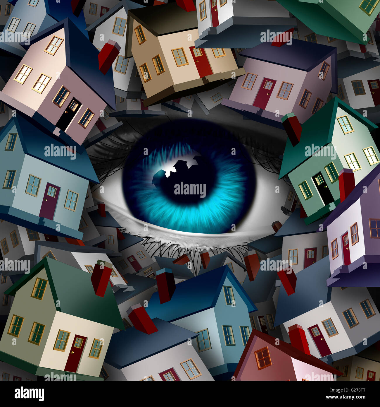 Neighborhood Watch y el concepto de seguridad en el hogar como un grupo de casas cubriendo un ojo humano como una bola realestate o inspección metaph Foto de stock