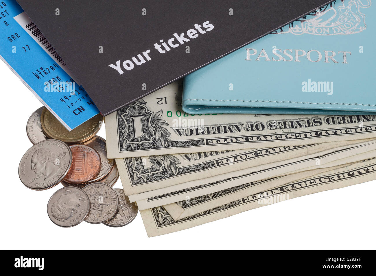 USA el dinero de vacaciones con un pasaporte y un billete Foto de stock